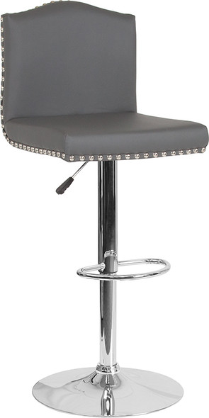 Bellagio Contemporary Adjustable Height Barstool with Accent Nail Trim in Gray Leather