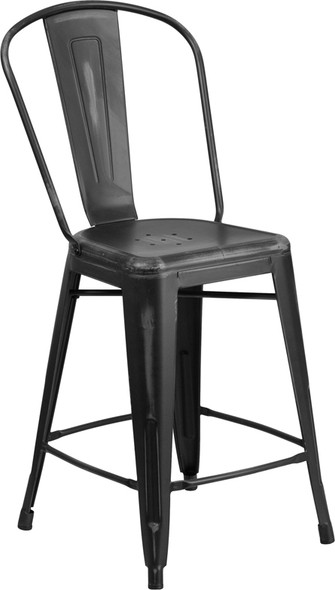 24'' High Distressed Black Metal Indoor-Outdoor Counter Height Stool with Back