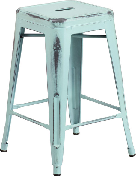 24'' High Backless Distressed Green-Blue Metal Indoor-Outdoor Counter Height Stool
