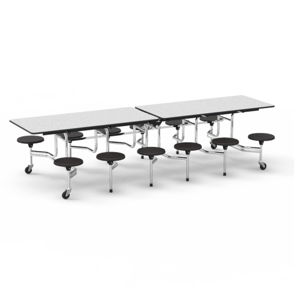 Mobile Stool Cafeteria Table, 120" x 30" Top, Black Seats, Grey Nebula Top, Black Edge, Chrome Frame