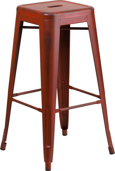 30'' High Backless Distressed Kelly Red Metal Indoor-Outdoor Barstool