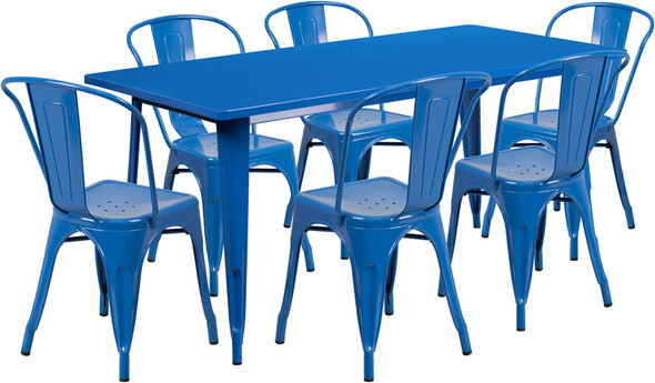 31.5'' x 63'' Rectangular Blue Metal Indoor-Outdoor Table Set with 6 Stack Chairs