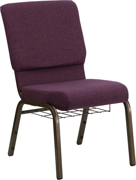 TYCOON Series 18.5''W Church Chair in Plum Fabric with Cup Book Rack - Gold Vein Frame