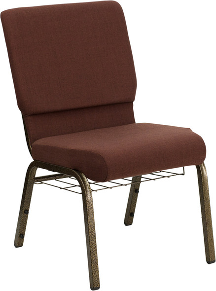 TYCOON Series 18.5''W Church Chair in Brown Fabric with Cup Book Rack - Gold Vein Frame