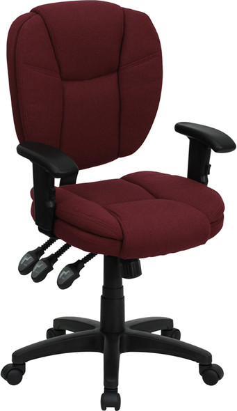 Mid-Back Burgundy Fabric Multifunction Swivel Ergonomic Task Office Chair with Pillow Top Cushioning and Arms