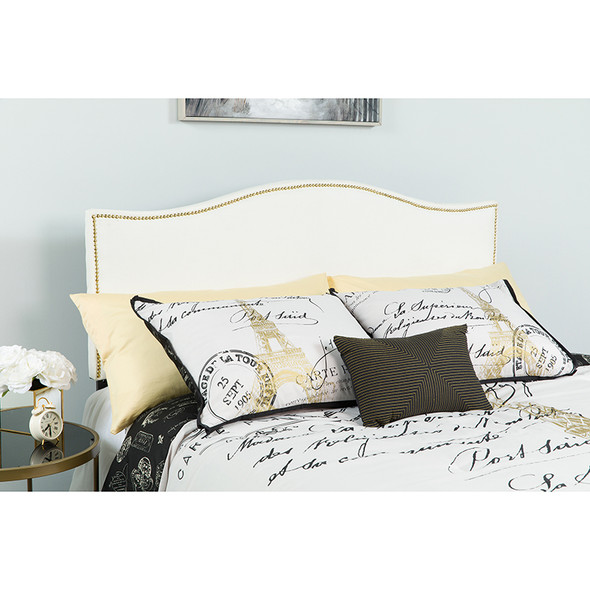 Lexington Upholstered Queen Size Headboard with Accent Nail Trim in White Fabric