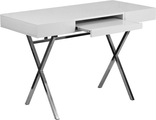 44.25''W x 21.625''D White Computer Desk with Keyboard Tray and Drawers