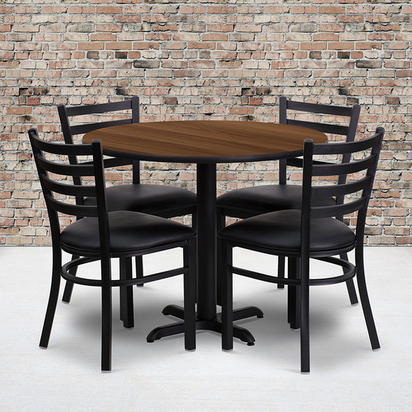36'' Round Walnut Laminate Table Set with X-Base and 4 Ladder Back Metal Chairs - Black Vinyl Seat