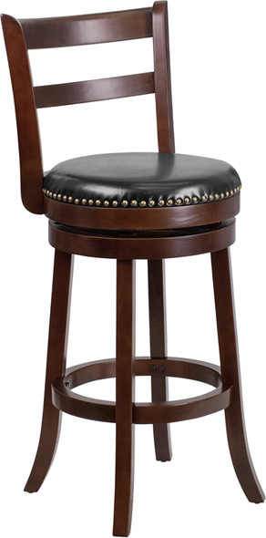 30'' High Cappuccino Wood Barstool with Single Slat Ladder Back and Black Leather Swivel Seat