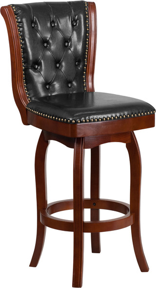 30'' High Cherry Wood Barstool with Button Tufted Back and Black Leather Swivel Seat