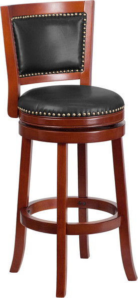 30'' High Dark Cherry Wood Barstool with Open Panel Back and Walnut Leather Swivel Seat