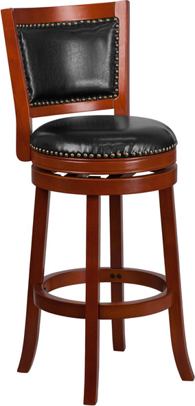 30'' High Light Cherry Wood Barstool with Open Panel Back and Black Leather Swivel Seat