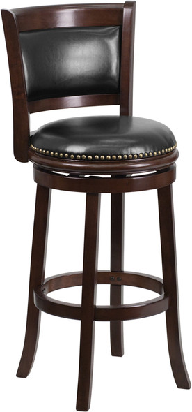 29'' High Cappuccino Wood Barstool with Panel Back and Black Leather Swivel Seat