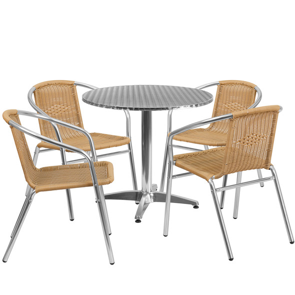 31.5'' Round Aluminum Indoor-Outdoor Table Set with 4 Beige Rattan Chairs