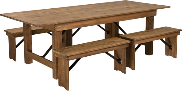 TYCOON Series 8' x 40'' Antique Rustic Folding Farm Table and Four 40.25"L Bench Set