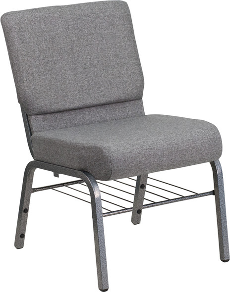TYCOON Series 21''W Church Chair in Gray Fabric with Book Rack - Silver Vein Frame