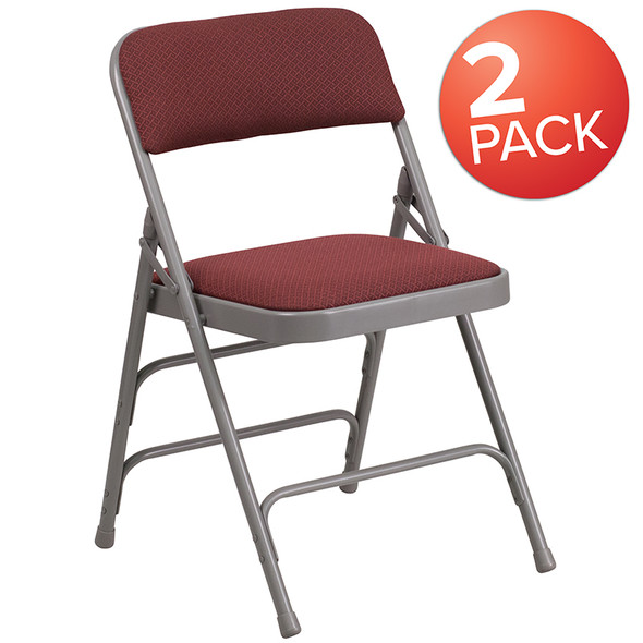 2 Pk. TYCOON Series Curved Triple Braced & Double Hinged Burgundy Patterned Fabric Metal Folding Chair