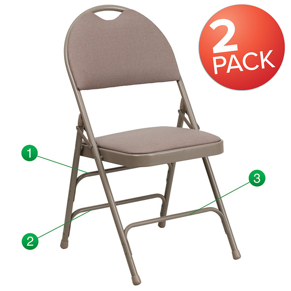 2 Pk. TYCOON Series Ultra-Premium Triple Braced Beige Fabric Metal Folding Chair with Easy-Carry Handle