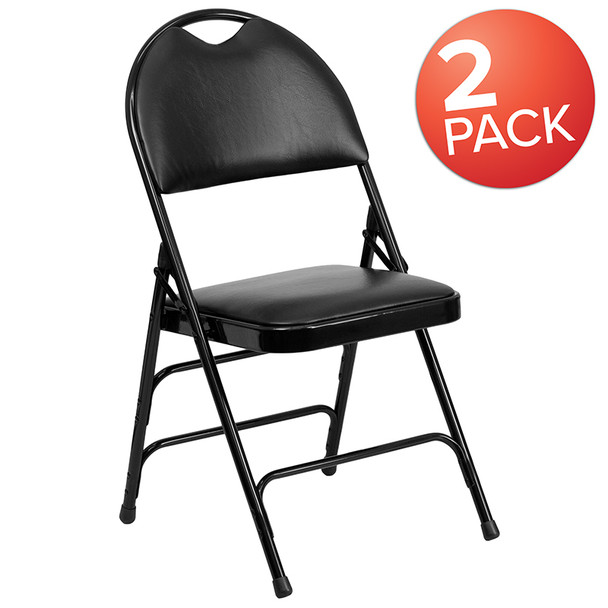 2 Pk. TYCOON Series Ultra-Premium Triple Braced Black Vinyl Metal Folding Chair with Easy-Carry Handle