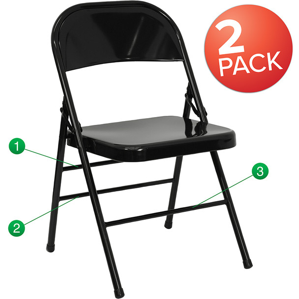 2 Pk. TYCOON Series Triple Braced & Double Hinged Black Metal Folding Chair