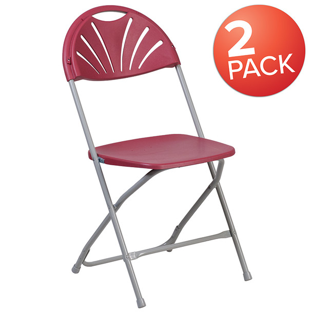 2 Pk. TYCOON Series 650 lb. Capacity Burgundy Plastic Fan Back Folding Chair