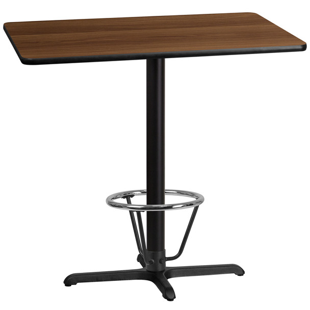 30'' x 42'' Rectangular Walnut Laminate Table Top with 22'' x 30'' Bar Height Table Base and Foot Ring