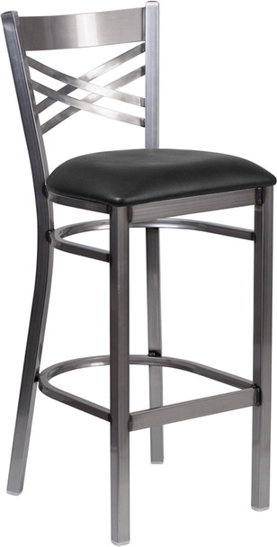 TYCOON Series Clear Coated ''X'' Back Metal Restaurant Barstool - Black Vinyl Seat