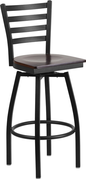 TYCOON Series Black Ladder Back Swivel Metal Barstool - Walnut Wood Seat