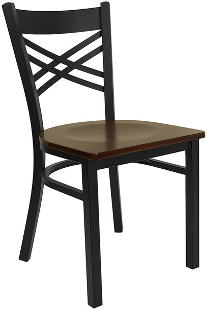 TYCOON Series Black ''X'' Back Metal Restaurant Chair - Mahogany Wood Seat