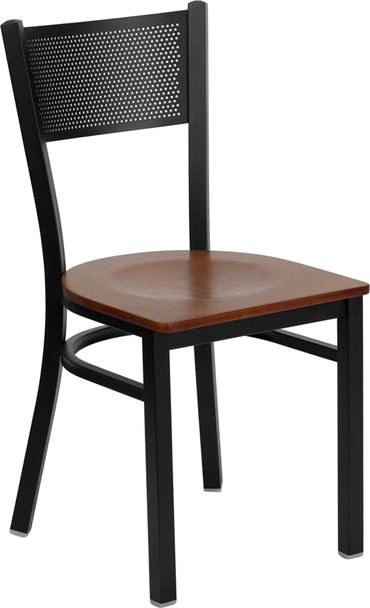 TYCOON Series Black Grid Back Metal Restaurant Chair - Cherry Wood Seat