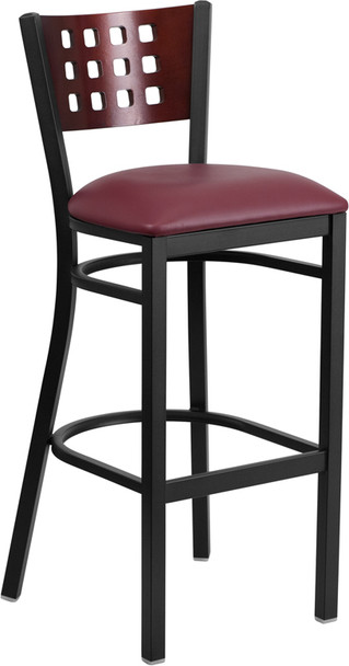 TYCOON Series Black Cutout Back Metal Restaurant Barstool - Mahogany Wood Back, Burgundy Vinyl Seat