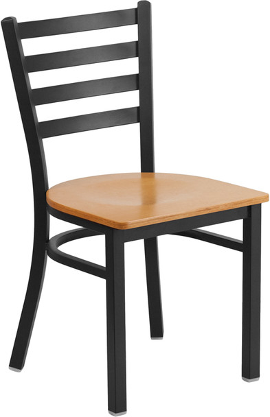 TYCOON Series Black Ladder Back Metal Restaurant Chair - Natural Wood Seat