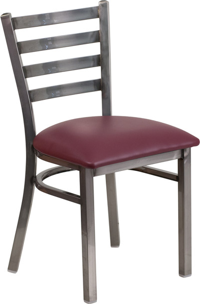 TYCOON Series Clear Coated Ladder Back Metal Restaurant Chair - Burgundy Vinyl Seat
