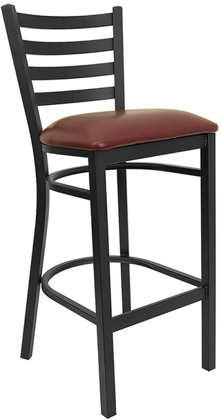 TYCOON Series Black Ladder Back Metal Restaurant Barstool - Burgundy Vinyl Seat