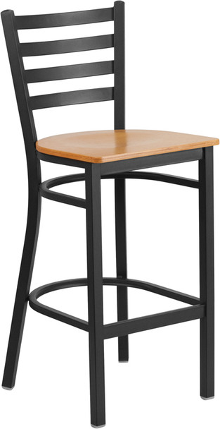 TYCOON Series Black Ladder Back Metal Restaurant Barstool - Natural Wood Seat