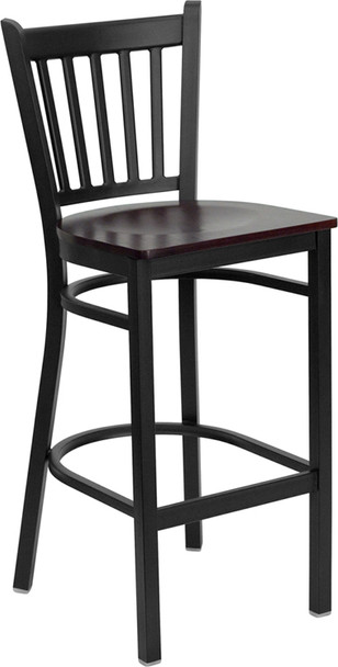 TYCOON Series Black Vertical Back Metal Restaurant Barstool - Mahogany Wood Seat