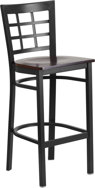 TYCOON Series Black Window Back Metal Restaurant Barstool - Walnut Wood Seat