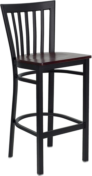 TYCOON Series Black School House Back Metal Restaurant Barstool - Mahogany Wood Seat