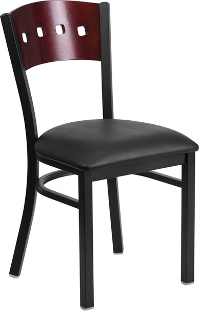 TYCOON Series Black 4 Square Back Metal Restaurant Chair - Mahogany Wood Back, Black Vinyl Seat