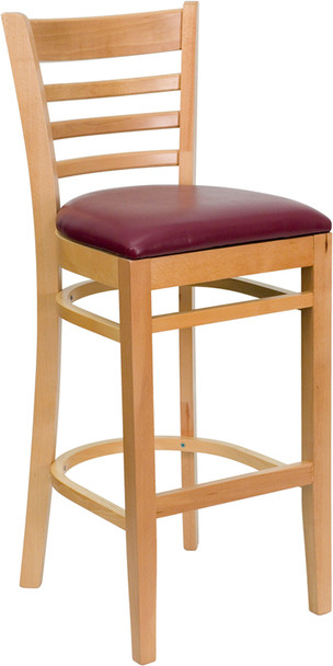 TYCOON Series Ladder Back Natural Wood Restaurant Barstool - Burgundy Vinyl Seat