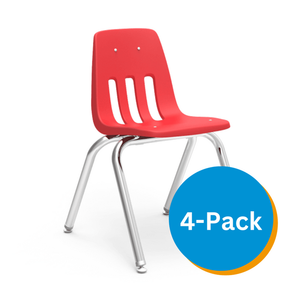 9000 Series 16" Classroom Chair, Red Bucket, Chrome Frame, 3rd - 4th Grade - Set of 4 Chairs