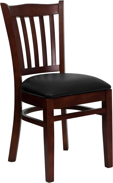 TYCOON Series Vertical Slat Back Mahogany Wood Restaurant Chair - Black Vinyl Seat