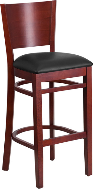 Lacey Series Solid Back Mahogany Wood Restaurant Barstool - Black Vinyl Seat