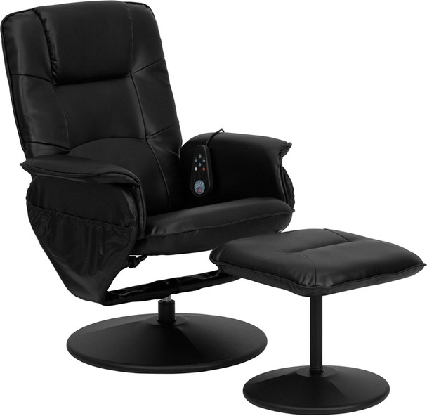 Massaging Multi-Position Recliner with Deep Side Pockets and Ottoman with Wrapped Base in Black Leather
