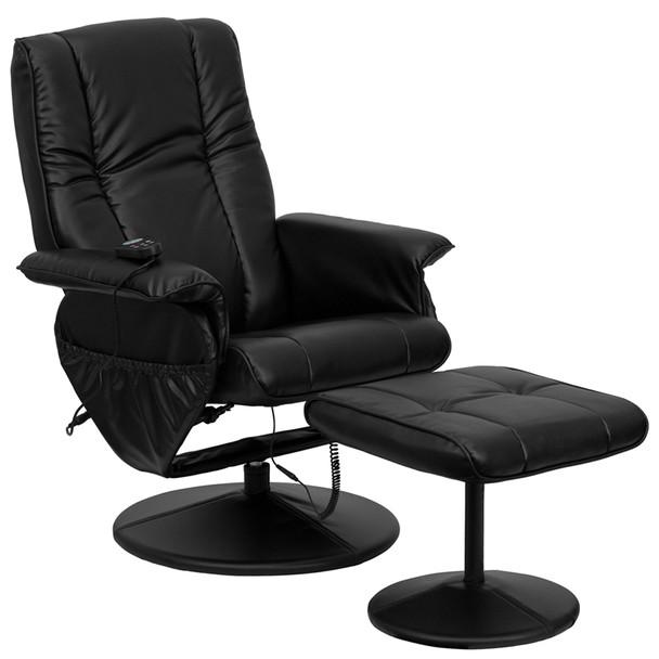 Massaging Multi-Position Recliner and Ottoman with Wrapped Base in Black Leather