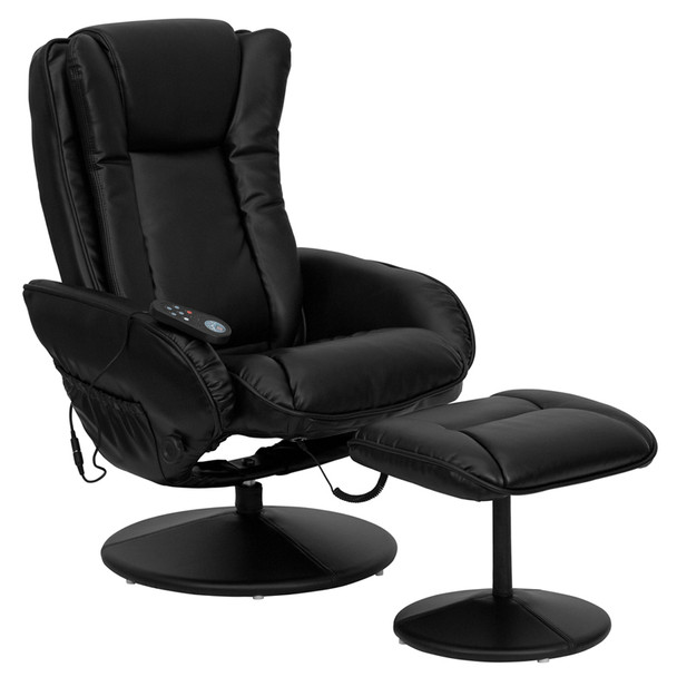 Massaging Multi-Position Plush Recliner with Side Pocket and Ottoman in Black Leather