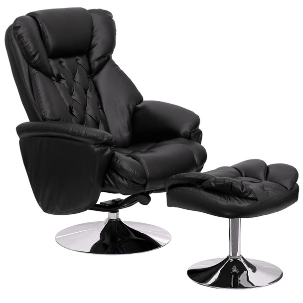 Transitional Multi-Position Recliner and Ottoman with Chrome Base in Black Leather