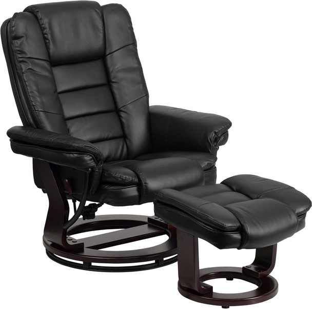 Contemporary Multi-Position Recliner with Horizontal Stitching and Ottoman with Swivel Mahogany Wood Base in Black Leather