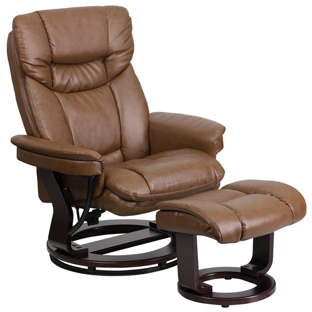 Contemporary Multi-Position Recliner and Curved Ottoman with Swivel Mahogany Wood Base in Palimino Leather