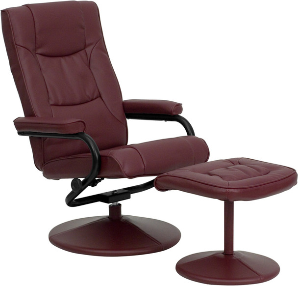 Contemporary Multi-Position Recliner and Ottoman with Wrapped Base in Burgundy Leather